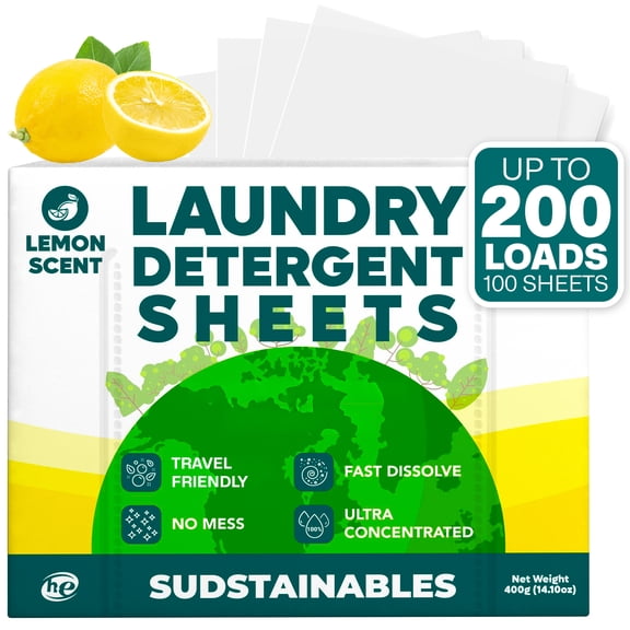 Sudstainables Laundry Detergent Sheets, 100 Laundry Sheets for 200 Loads, Lemon Scent