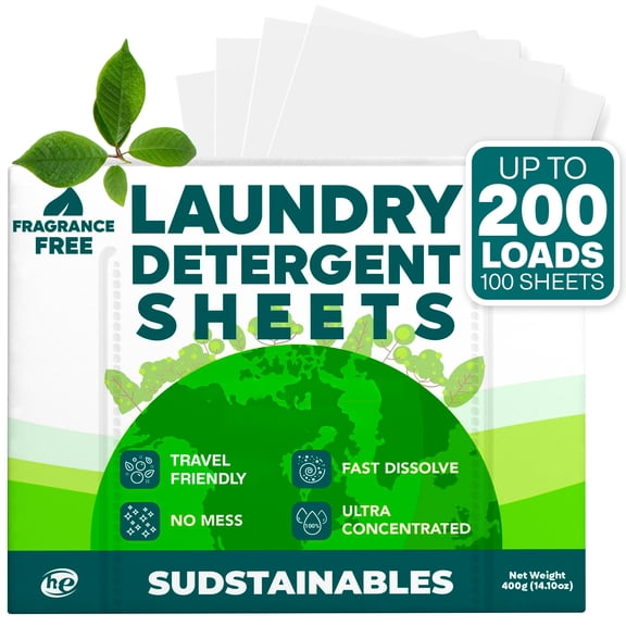 Sudstainables Laundry Detergent Sheets, 100 Laundry Sheets for 200 Loads, Unscented