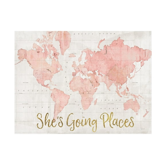 Sue Schlabach 'Across the World Shes Going Places Pink Crop' Canvas Art