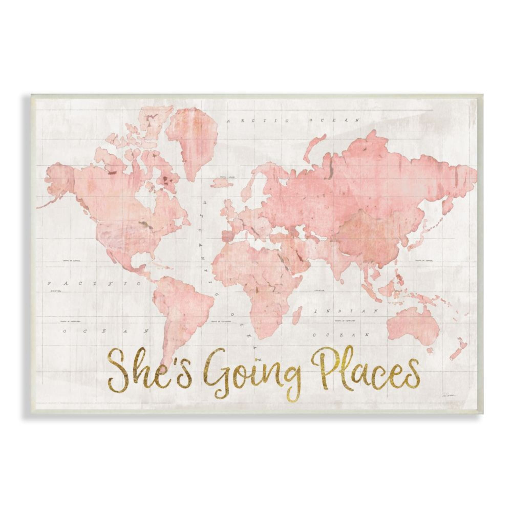 Pink Watercolor World Map Travel Quote Wood Wall Art