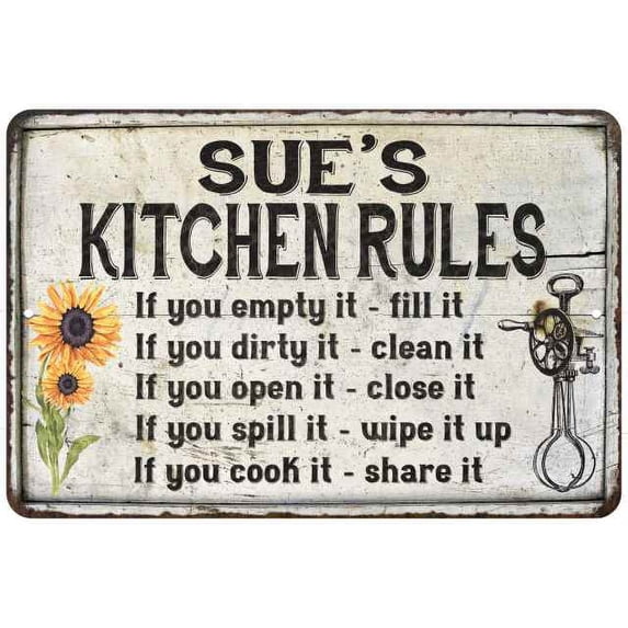 Sue's Kitchen Rules Chic Sign Vintage Decor 8 x 12 High Gloss Metal 208120032200