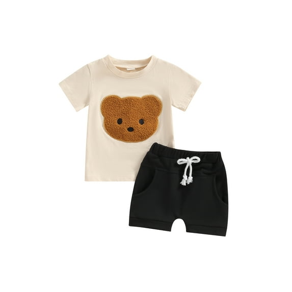 Suealasg 0-3 Years Kids Baby Boys Girls Summer Outfits Short Sleeve Bear Print T-Shirt Tops + Solid Color Shorts Set 2Pcs Toddler Boys Girls Clothes