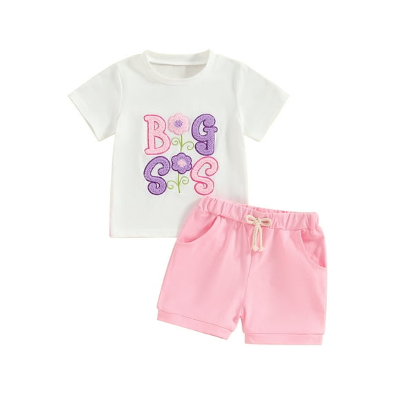 Suealasg 0-6 Years Little Girl Shorts Set Short Sleeve Fuzzy Letter Floral Embroidery Tops +Solid Color Shorts 2Pcs Kids Toddler Girls Summer Clothes