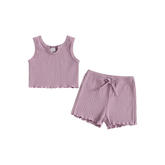 Suealasg 1-5 Years Toddler Baby Girls Shorts Set Sleeveless Solid Color Tank Tops + Ruffle Trim Shorts 2Pcs Kids Girls Summer Beach Vacation Clothes Set