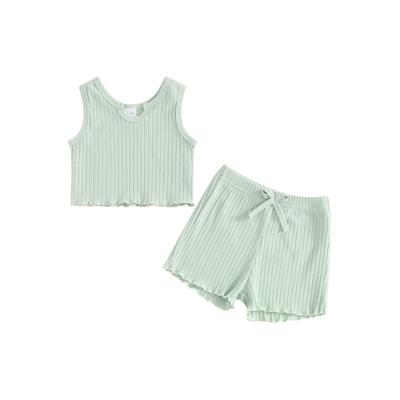 Suealasg 1-5 Years Toddler Baby Girls Shorts Set Sleeveless Solid Color Tank Tops + Ruffle Trim Shorts 2Pcs Kids Girls Summer Beach Vacation Clothes Set