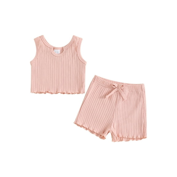 Suealasg 1-5 Years Toddler Baby Girls Shorts Set Sleeveless Solid Color Tank Tops Ruffle Trim Shorts 2Pcs Kids Girls Summer Beach Vacation Clothes Set
