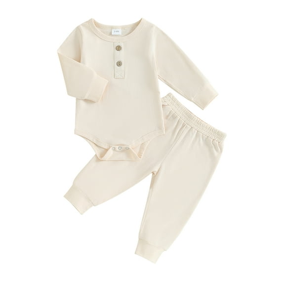 Suealasg 2PCS Infant Baby Boy Fall Winter Outfits Set 3 6 9 12 18 24 Months Newborn Long Sleeve Crew Neck Button Romper Solid Color Pants Sets