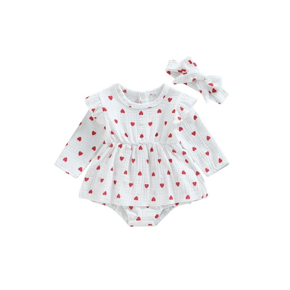 Suealasg 2PCS Infant Baby Girl Spring Valentines Day Outfit 3M 6M 12M 18M Newborn Girls Long Sleeve Heart Print Romper Dress Bodysuit+Headwear
