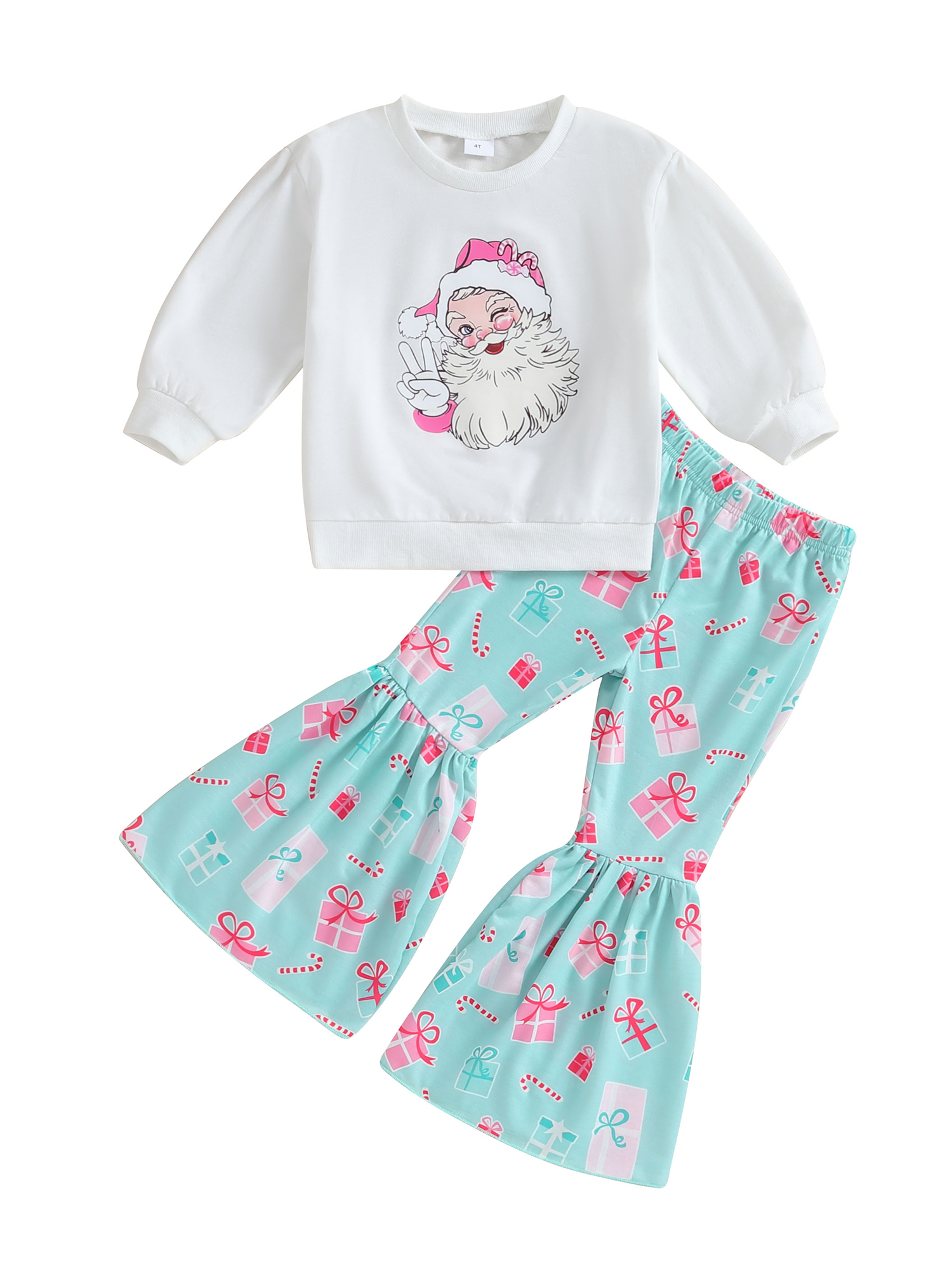 Suealasg 2PCS Kids Girl Christmas Outfits Clothes 4T 5T 6T 7T Child Long Sleeve Santa Claus Print Sweatshirt+Gift Box Print Pants Sets Little Girls Christmas-themed Clothing