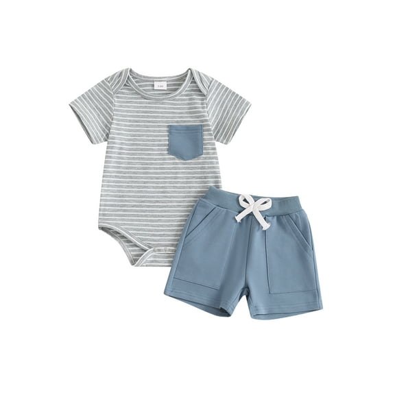 Suealasg 2Pcs Baby Boys Clothes Short Sleeve Striped Romper Elastic Waist Shorts 3 6 9 12 18 Months Newborn Boys Summer Outfit