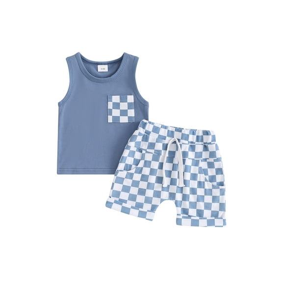 Suealasg 2Pcs Baby Boys Clothes Sleeveless Checkerboard Print Tank Tops + Plaid Print Shorts Set 6M 1T 2T 3T Toddler Summer Outfits