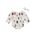 thumbnail image 1 of Suealasg 2Pcs Baby Girl Fall Outfits 3 6 12 18 Months Infant Long Sleeve Flower Print Smocked Romper +Bow Headband Newborn Cute Clothes, 1 of 7