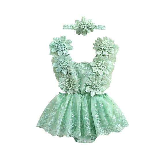 Suealasg 2Pcs Baby Girl Summer Birthday Outfit Flower Embroidery Lace Tulle Romper Dress  Bow Headband 3 6 12 18 24 Months Infant Girls Photoshoot Clothes