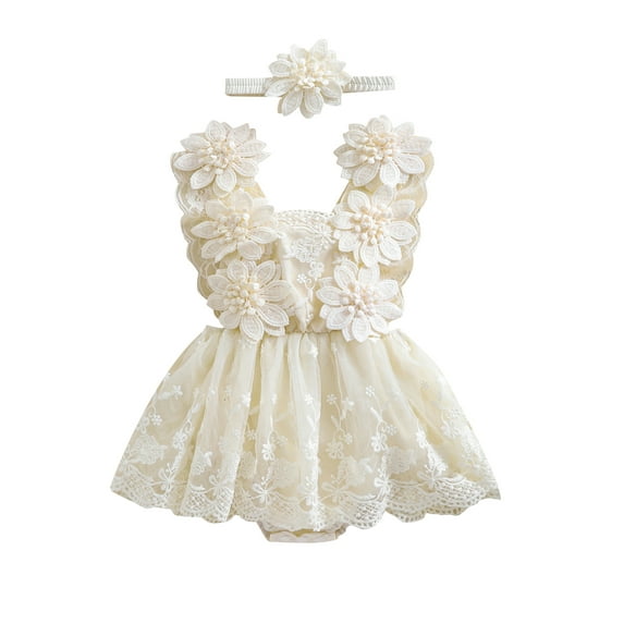 Suealasg 2Pcs Baby Girl Summer Birthday Outfit Flower Embroidery Lace Tulle Romper Dress +Bow Headband 3 6 12 18 24 Months Infant Girls Photoshoot Clothes