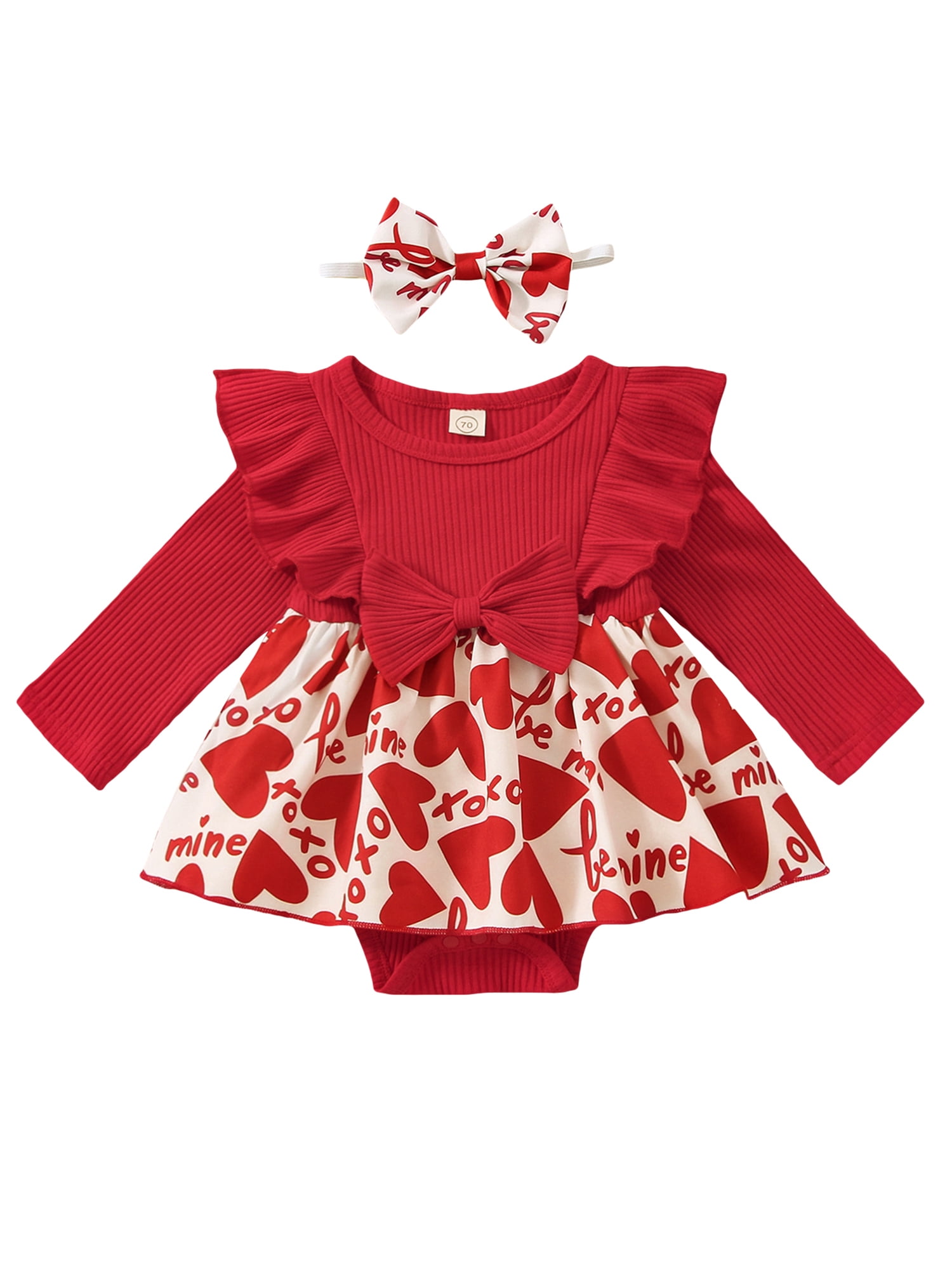 Suealasg 2Pcs Baby Girl Valentine s Day Outfits 3M 6M 12M 18M Infant Long Sleeve Heart Print Romper Dress Headband Set Spring Valentine themed
