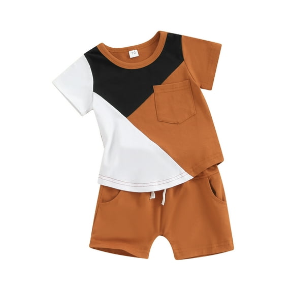 Suealasg 2Pcs Kids Baby Boys Summer Clothes Contrast Color Pocket Short Sleeve T-Shirts Tops and Elastic Waist Shorts 6M 1T 2T 3T Toddler Boys Casual Beach Outfits
