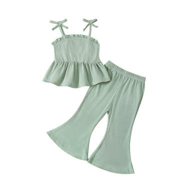 Suealasg 2Pcs Kids Baby Girl Summer Casual Outfits Sleeveless Ribbed Camisole Tops + Elastic Flared Pants Set 1T 2T 3T 4T Toddler Girl Clothes
