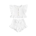 thumbnail image 1 of Suealasg 2Pcs Kids Baby Girl Summer Clothes 6M 1T 2T 3T 4T Toddler Girl Casual Beach Outfits Fly Sleeve Button Down Ruffled Tops Bow Elastic Waist Shorts Set, 1 of 6