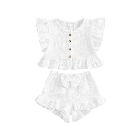 Suealasg 2Pcs Kids Baby Girl Summer Clothes 6M 1T 2T 3T 4T Toddler Girl Casual Beach Outfits Fly Sleeve Button Down Ruffled Tops Bow Elastic Waist Shorts Set