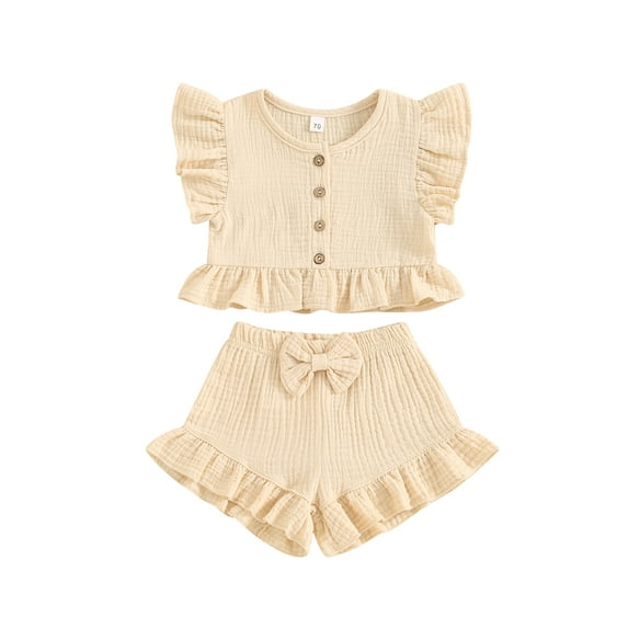 Suealasg 2Pcs Kids Baby Girl Summer Clothes 6M 1T 2T 3T 4T Toddler Girl Casual Beach Outfits Fly Sleeve Button Down Ruffled Tops Bow Elastic Waist Shorts Set