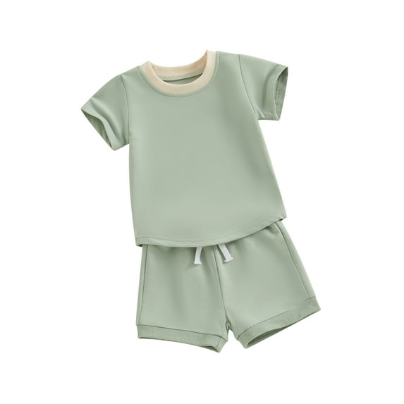 Suealasg 2Pcs Kids Boy Girl Summer Clothes 6M 1T 2T 3T Toddler Baby Casual Beach Outfits Short Sleeve Contrast Color Tops and Elastic Waist Shorts Set