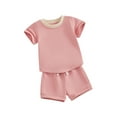 thumbnail image 1 of Suealasg 2Pcs Kids Boy Girl Summer Clothes 6M 1T 2T 3T Toddler Baby Casual Beach Outfits Short Sleeve Contrast Color Tops and Elastic Waist Shorts Set, 1 of 9