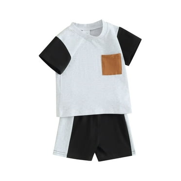 Suealasg 2Pcs Kids Boys Summer Clothes Toddler Baby Boys Beach Outfit  6M 1T 2T 3T Contrast Color Short Sleeve Pocket T-Shirt with Elastic Waist Shorts
