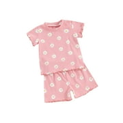 Suealasg 2Pcs Kids Girl Summer Clothes 6M 1T 2T 3T 4T Toddler Girl Casual Beach Outfits Short Sleeve Flower Print T-Shirts Tops and Elastic Waist Shorts Set