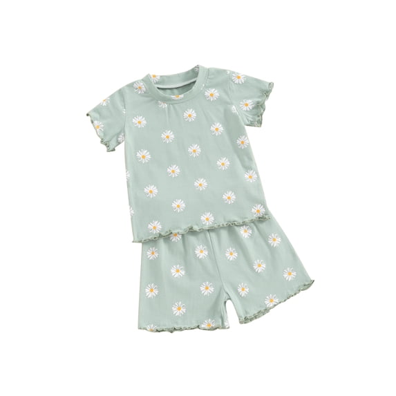 Suealasg 2Pcs Kids Girl Summer Clothes 6M 1T 2T 3T 4T Toddler Girl Casual Beach Outfits Short Sleeve Flower Print T-Shirts Tops and Elastic Waist Shorts Set