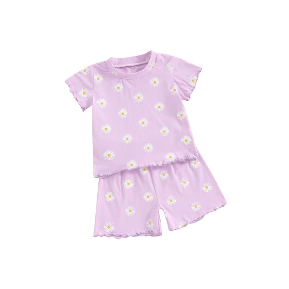 Suealasg 2Pcs Kids Girl Summer Clothes 6M 1T 2T 3T 4T Toddler Girl Casual Beach Outfits Short Sleeve Flower Print T-Shirts Tops and Elastic Waist Shorts Set