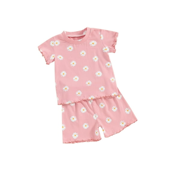 Suealasg 2Pcs Kids Girl Summer Clothes 6M 1T 2T 3T 4T Toddler Girl Casual Beach Outfits Short Sleeve Flower Print T-Shirts Tops and Elastic Waist Shorts Set