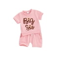thumbnail image 1 of Suealasg 2Pcs Kids Girl Summer Clothes Short Sleeve Letter Flower Embroidery Tops Solid Color Shorts Sister Matching Outfits 6M 1T 2T 3T 4T Little Girl Casual Beach Outfits, 1 of 9