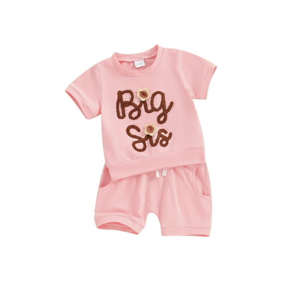 Suealasg 2Pcs Kids Girl Summer Clothes Short Sleeve Letter Flower Embroidery Tops Solid Color Shorts Sister Matching Outfits 6M 1T 2T 3T 4T Little Girl Casual Beach Outfits