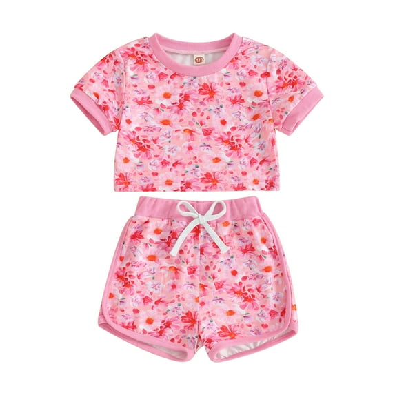 Suealasg 2Pcs Kids Girls Summer Outfits 3T 4T 5T 6T 7T Short Sleeve Floral Print T-Shirt Tops Drawstring Shorts Little Girls Clothes