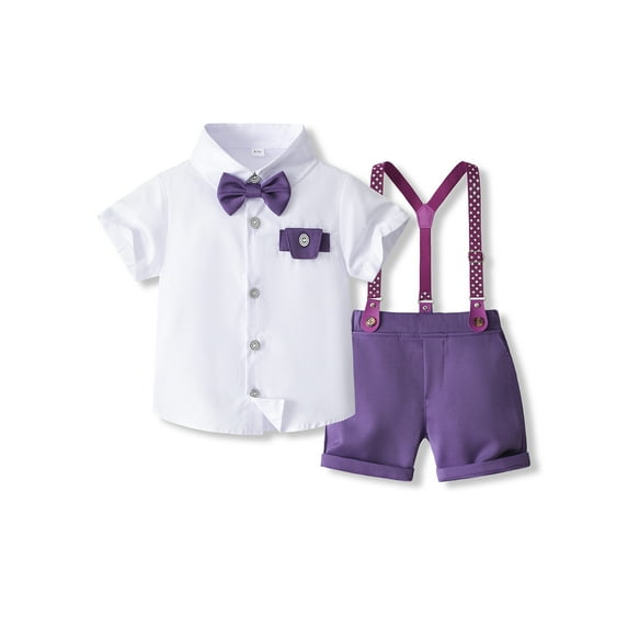 Suealasg 2Pcs Little Boy Gentleman Suits Outfit Short Sleeves Button T-Shirt with Bow Tie and Suspender Shorts Set 1T 2T 3T 4T 5T 6T Toddler Kids Boys Summer Formal Wear Clothes