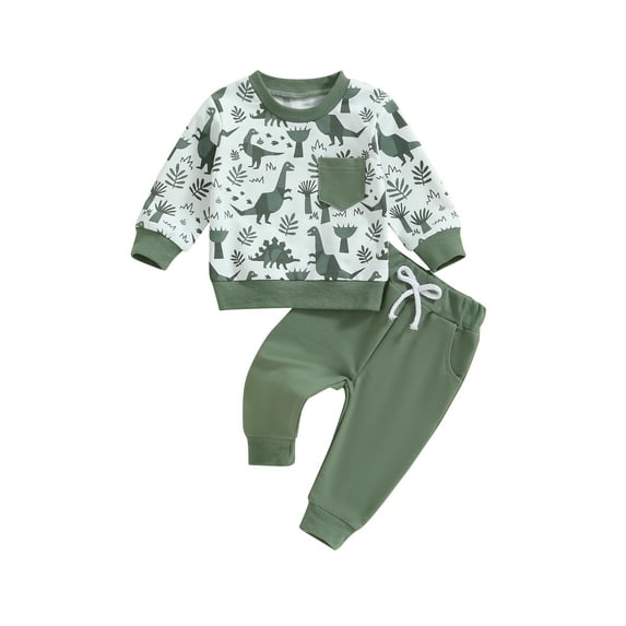 Suealasg 2Pcs Little Boys Fall Tracksuit Outfits Long Sleeve Dinosaur Print Sweatshirt Pullover Tops+Sweatpants 6M 1T 2T 3T 4T Toddler Kids Baby Boys Autumn Clothes