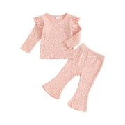 Suealasg 2Pcs Little Girl Fall Clothes 6M 1T 2T 3T 4T 5T Toddler Girl Casual Autumn Outfits Short Sleeve Flower Print T-Shirts Tops and Elastic Waist Flare Pants Set