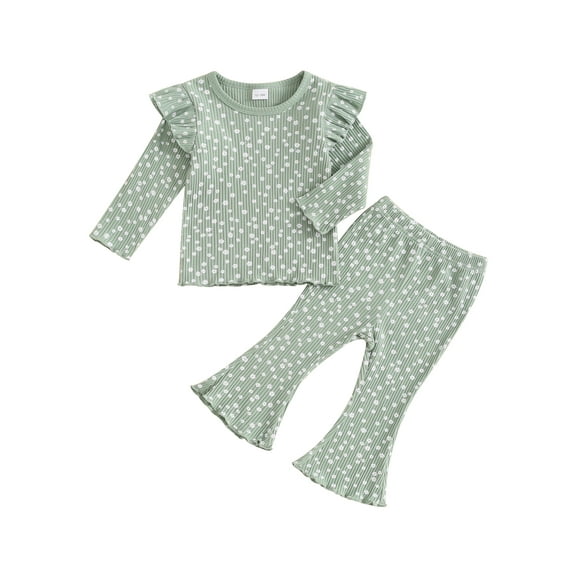 Suealasg 2Pcs Little Girl Fall Clothes 6M 1T 2T 3T 4T 5T Toddler Girl Casual Autumn Outfits Short Sleeve Flower Print T-Shirts Tops and Elastic Waist Flare Pants Set