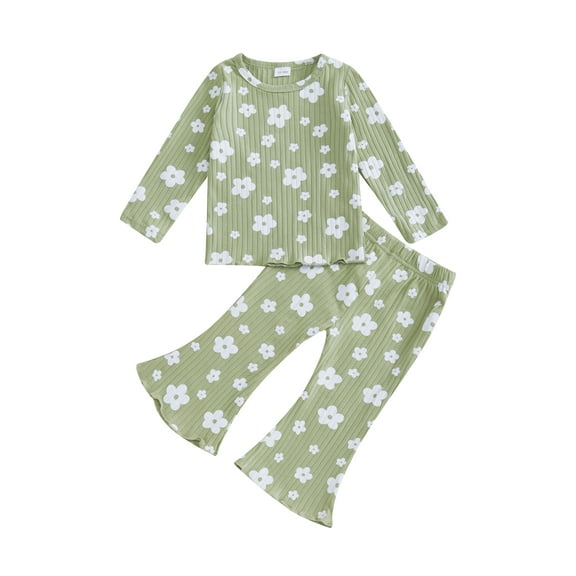 Suealasg 2Pcs Little Girl Fall Clothes 6M 1T 2T 3T 4T 5T Toddler Girl Casual Autumn Outfits Long Sleeve Flower Print T-Shirts Tops and Elastic Waist Flare Pants Set