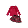 thumbnail image 1 of Suealasg 2Pcs Little Girls Christmas Skirt Outfits Toddler Kids Girls Fall Winter Clothes 1T 2T 3T 4T 5T Long Sleeve Ribbed Shirts Tops Plaid A-line Skirt Sets with Belt, 1 of 7