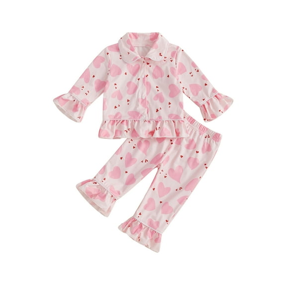 Suealasg 2Pcs Little Girls Fall Pajamas Set Heart Print Long Sleeves Lapel Shirts Top + Long Pants 1T 2T 3T 4T 5T Toddler Kids Girls Loungewear Sleepwear Outfits