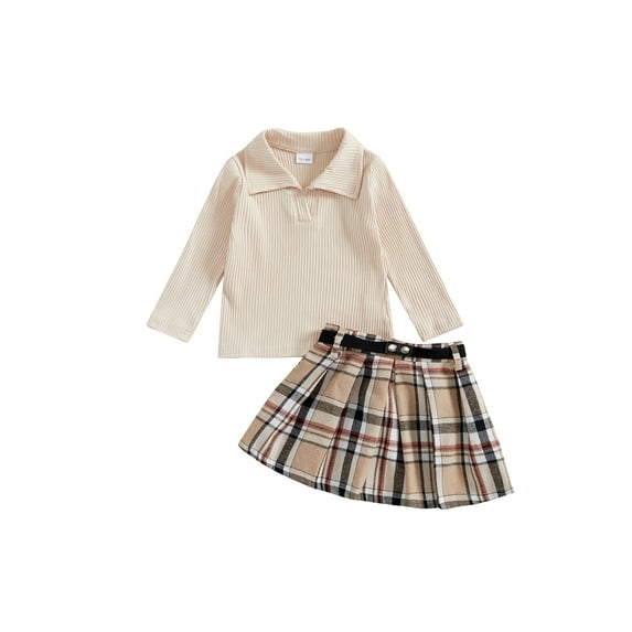 Suealasg 2Pcs Little Girls Skirt Outfits Toddler Kids Girls Fall Winter Clothes 1T 2T 3T 4T 5T Long Sleeve Ribbed Shirt Tops Plaid A-line Pleated Skirt Sets