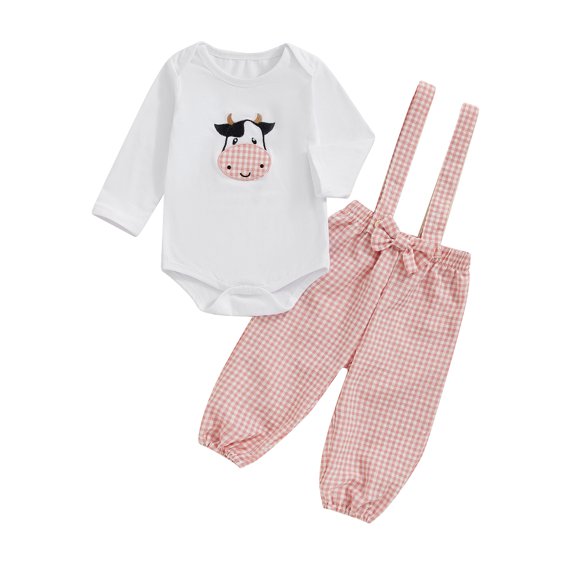 Suealasg 2Pcs Newborn Baby Girl Boy Fall Outfits Clothes Set 3 6 12 18 Months Infant Girl Long Sleeve Cow Print Romper +Plaid Suspender Pants Set