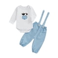 thumbnail image 1 of Suealasg 2Pcs Newborn Baby Girl Boy Fall Outfits Clothes Set 3 6 12 18 Months Infant Girl Long Sleeve Cow Print Romper +Plaid Suspender Pants Set, 1 of 7