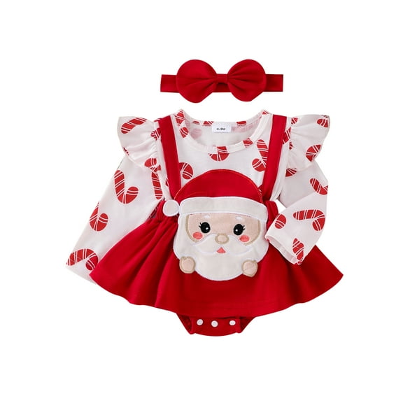 Suealasg 2Pcs Newborn Baby Girl Holiday Outfits Clothes Set 3 6 9 12 18 Months Infant Girl Ruffle Trim Patch Long Sleeve Romper Dress Bow Headband
