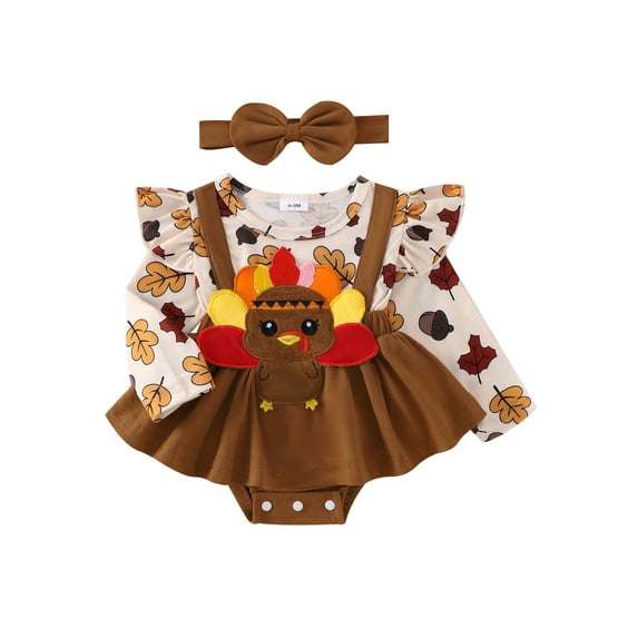Suealasg 2Pcs Newborn Baby Girl Holiday Outfits Clothes Set 3 6 9 12 18 Months Infant Girl Ruffle Trim Patch Long Sleeve Romper Dress Bow Headband