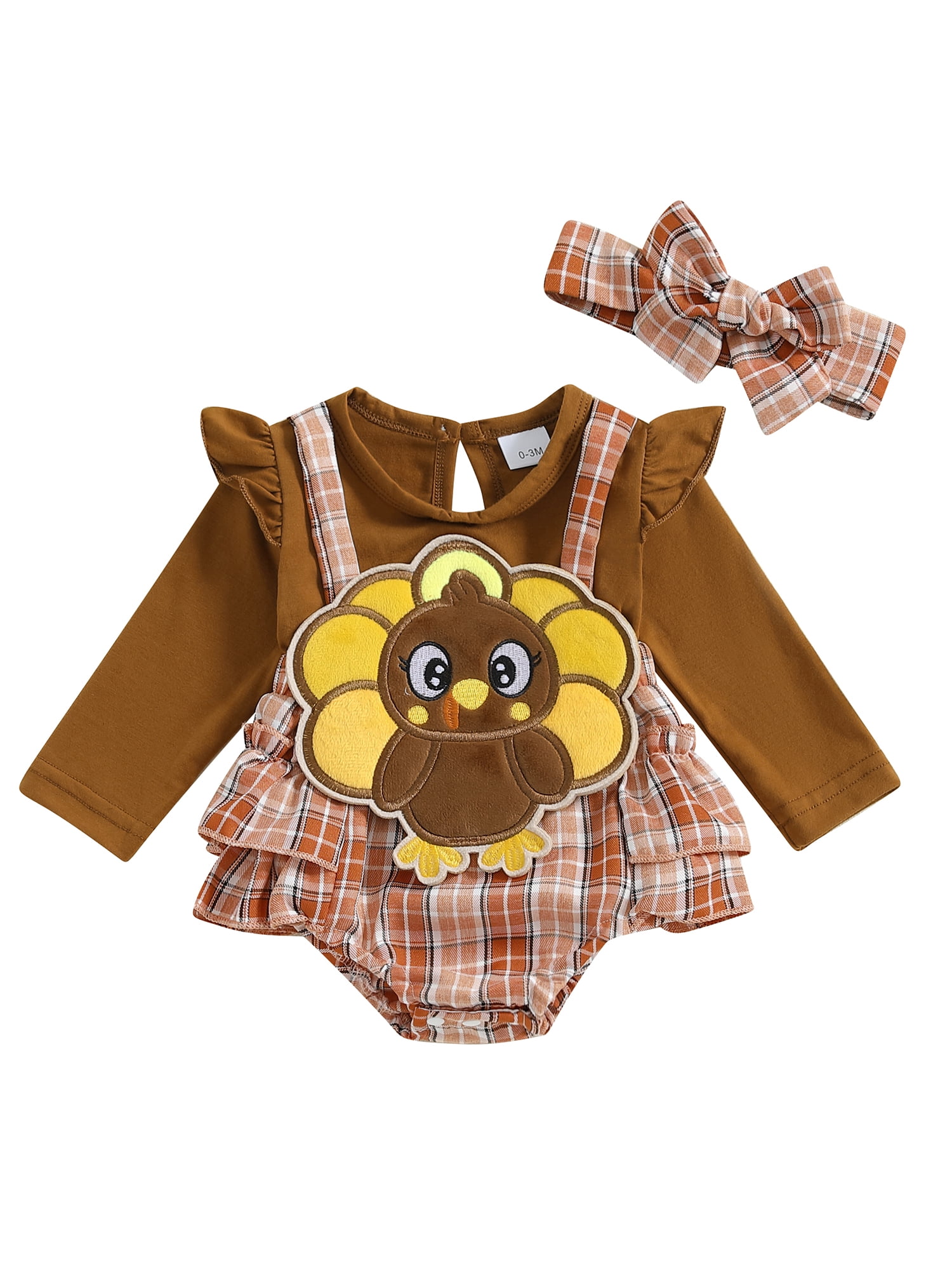 Suealasg 2Pcs Newborn Baby Girl Thanksgiving Outfits Clothes Set 3 6 9 12 18 Months Infant Girl Long Sleeve Crew Neck Turkey Embroidery Plaid Romper