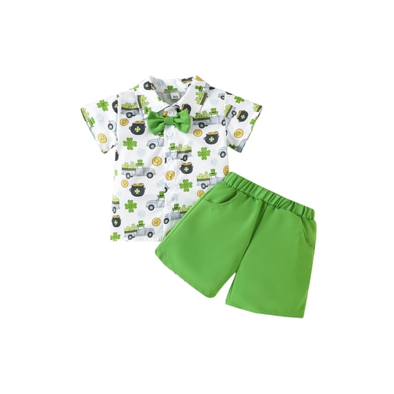 Suealasg 2Pcs Toddler Baby Boy Irish Short Pants Set Short Sleeve Truck Print Shirt Tops + Shorts 6M 1T 2T 3T 4T Kids Casual Summer Gentleman Suit Outfits