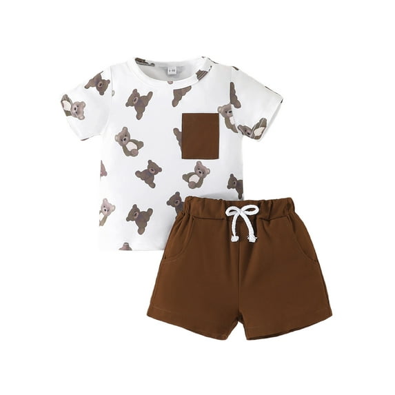 Suealasg 2Pcs Toddler Baby Boys Clothes Short Sleeve Bear Print Tops and Drawstring Shorts Sets 6M 1T 2T 3T 4T Kids Boys Summer Outfits Set