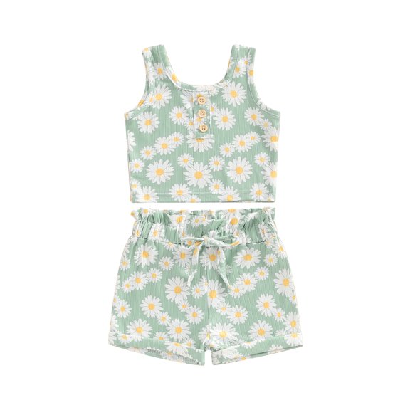 Suealasg 2Pcs Toddler Baby Girls Clothes Flower Print Sleeveless Crew Neck Tank Top and Elastic Shorts 6M 1T 2T 3T 4T Kids Girls Summer Outfits Set